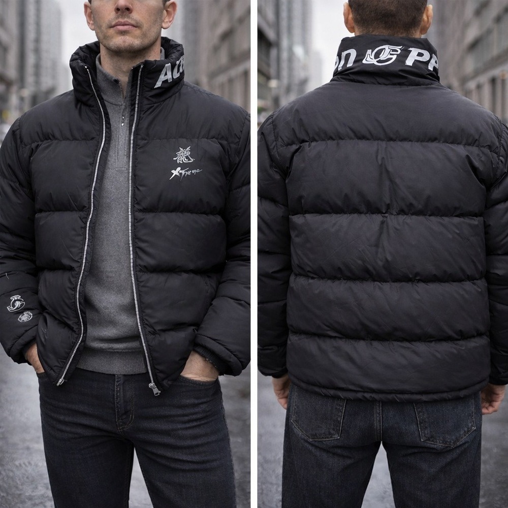 Jackie Chan Action & Power Xtreme Puffer Jacket Black Down Feather Mens Medium
